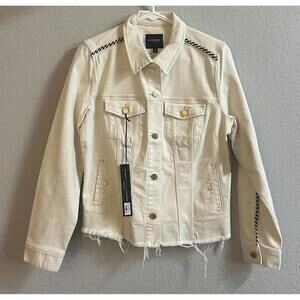 Liverpool Ecru Trucker jean jacket, black/white piping, women’s size medium.